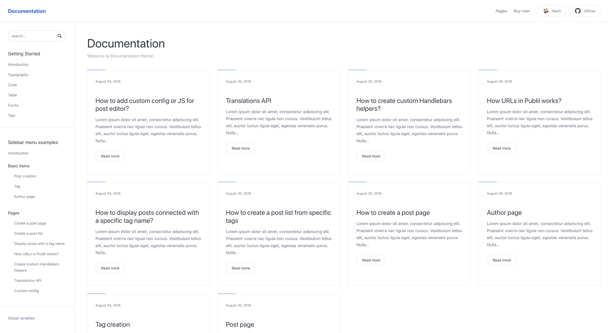 Documentation theme cards layout