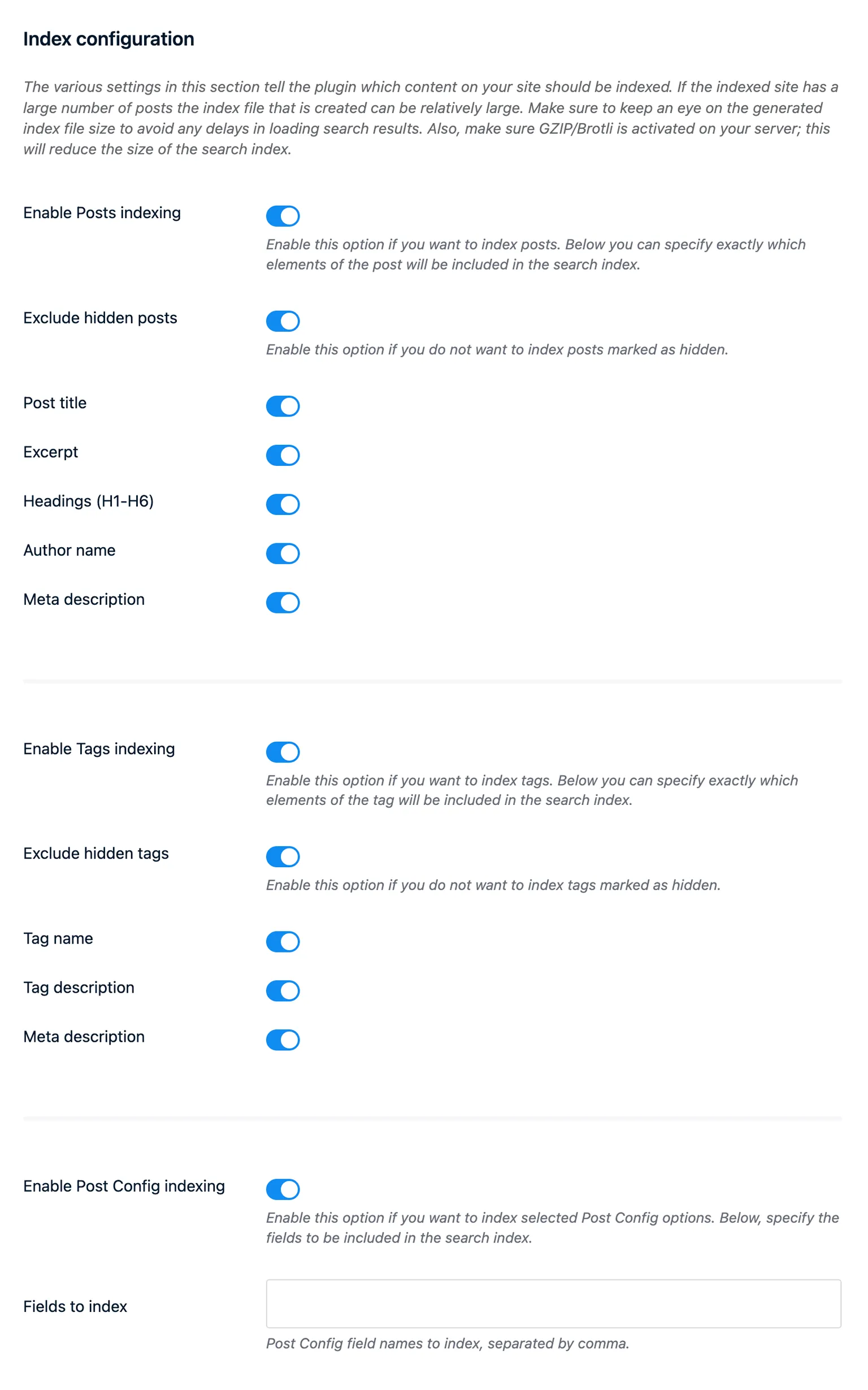 Static Search Index configuration