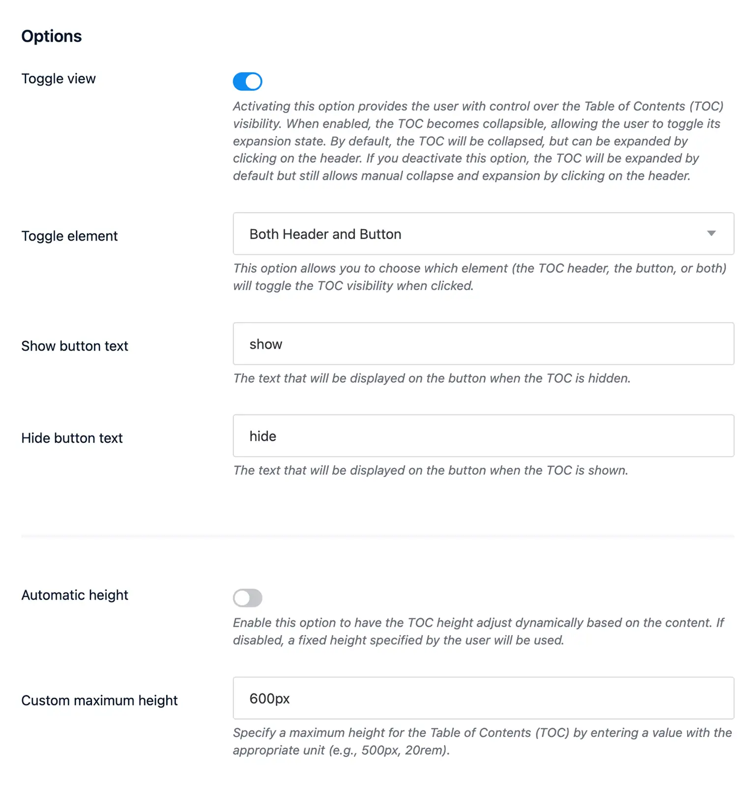 Collapsible TOC options