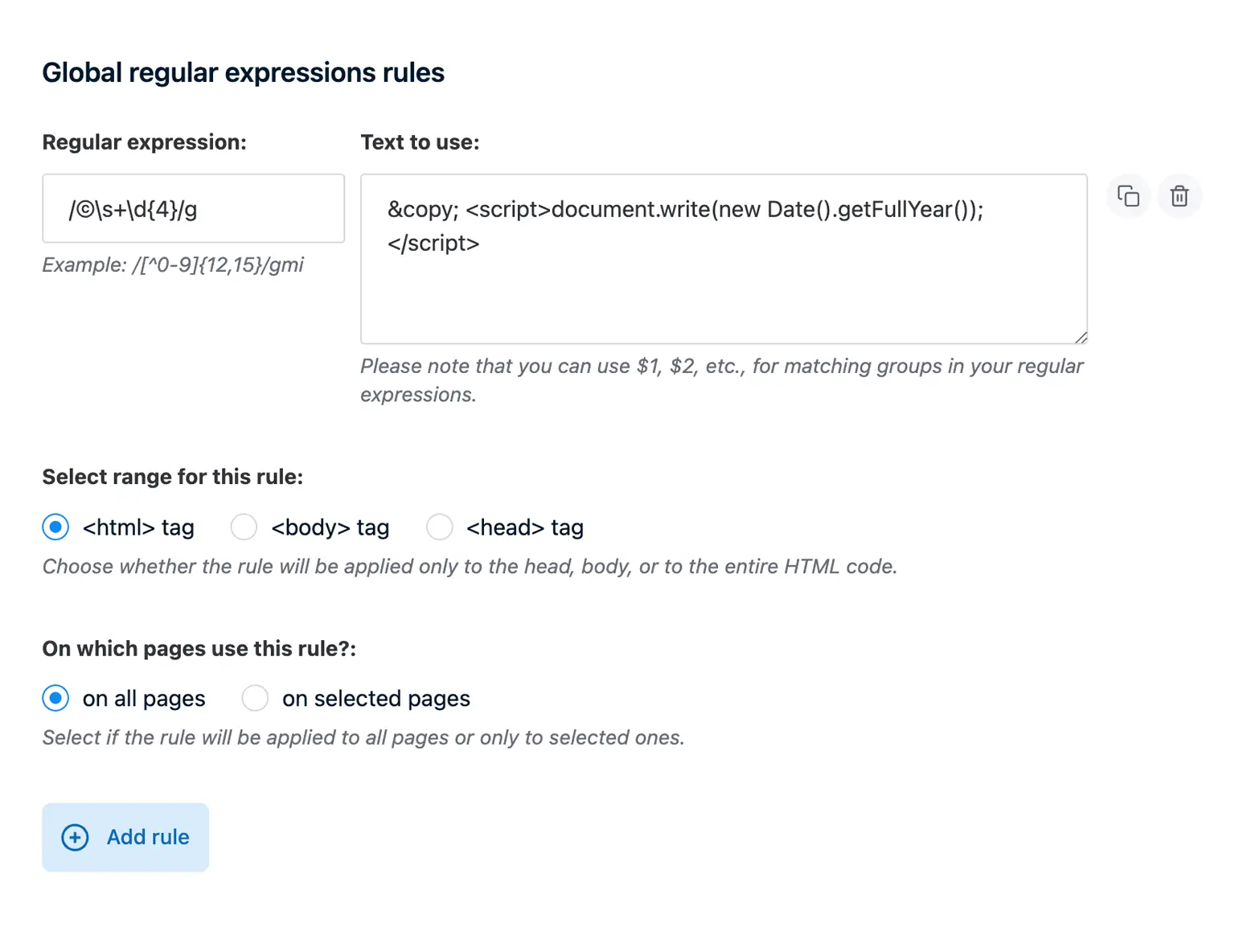 Global regular expressions rules