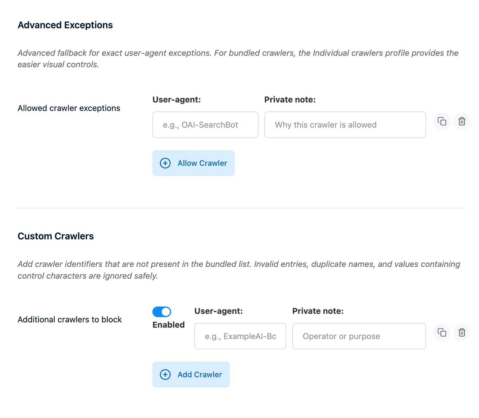 Advanced exceptions and custom crawlers