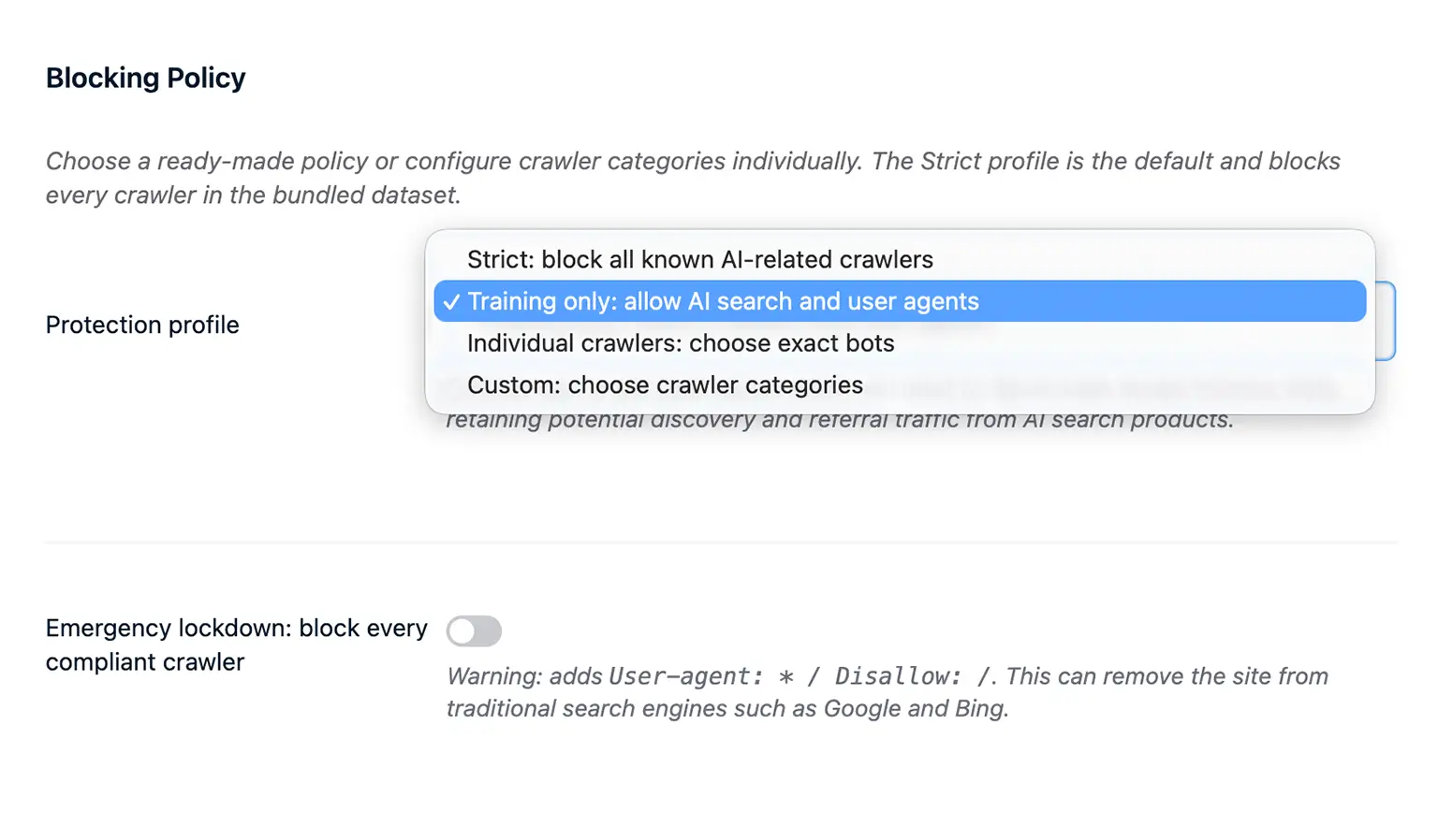 AI Cralwer Blocker Plugin - Blocking Policy