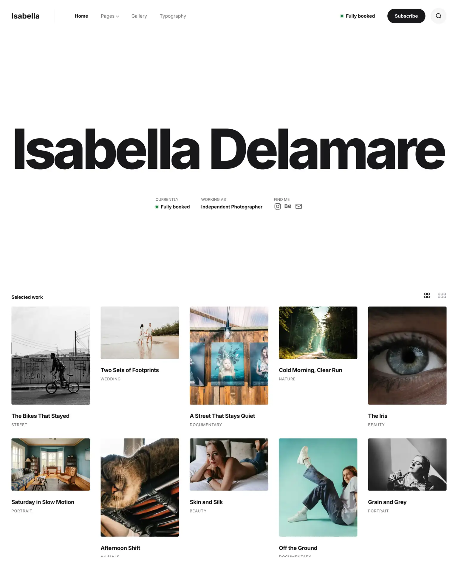 Isabella Publii theme: a photographer's name in large type above a grid of photographs